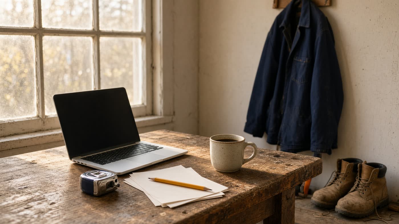 A workbench in a small shop with a laptop, tape measure, coffee mug, and work boots